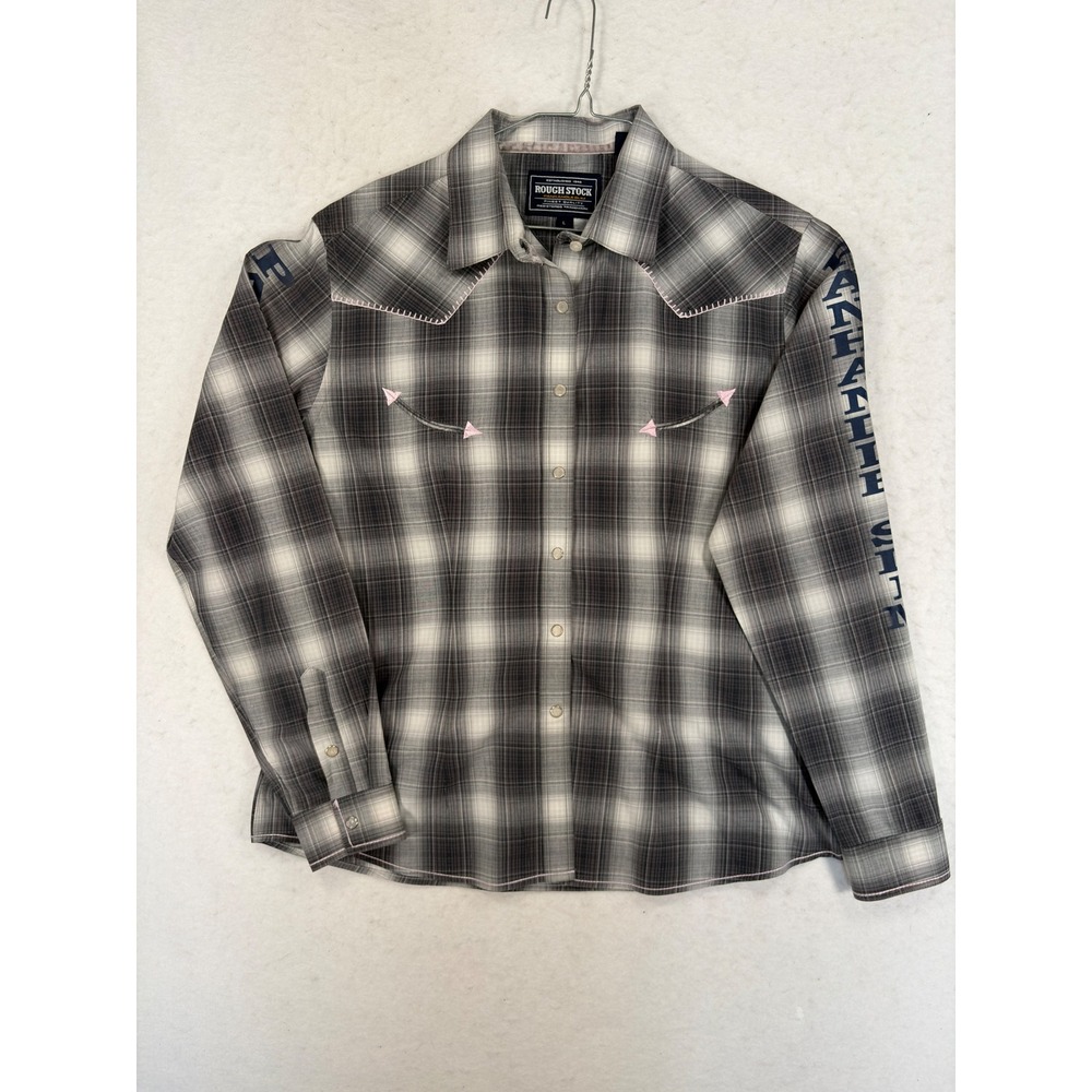 Rough Stock Panhandle Slim Womens Large Grey Plaid Western Snap Shirt R4S8154